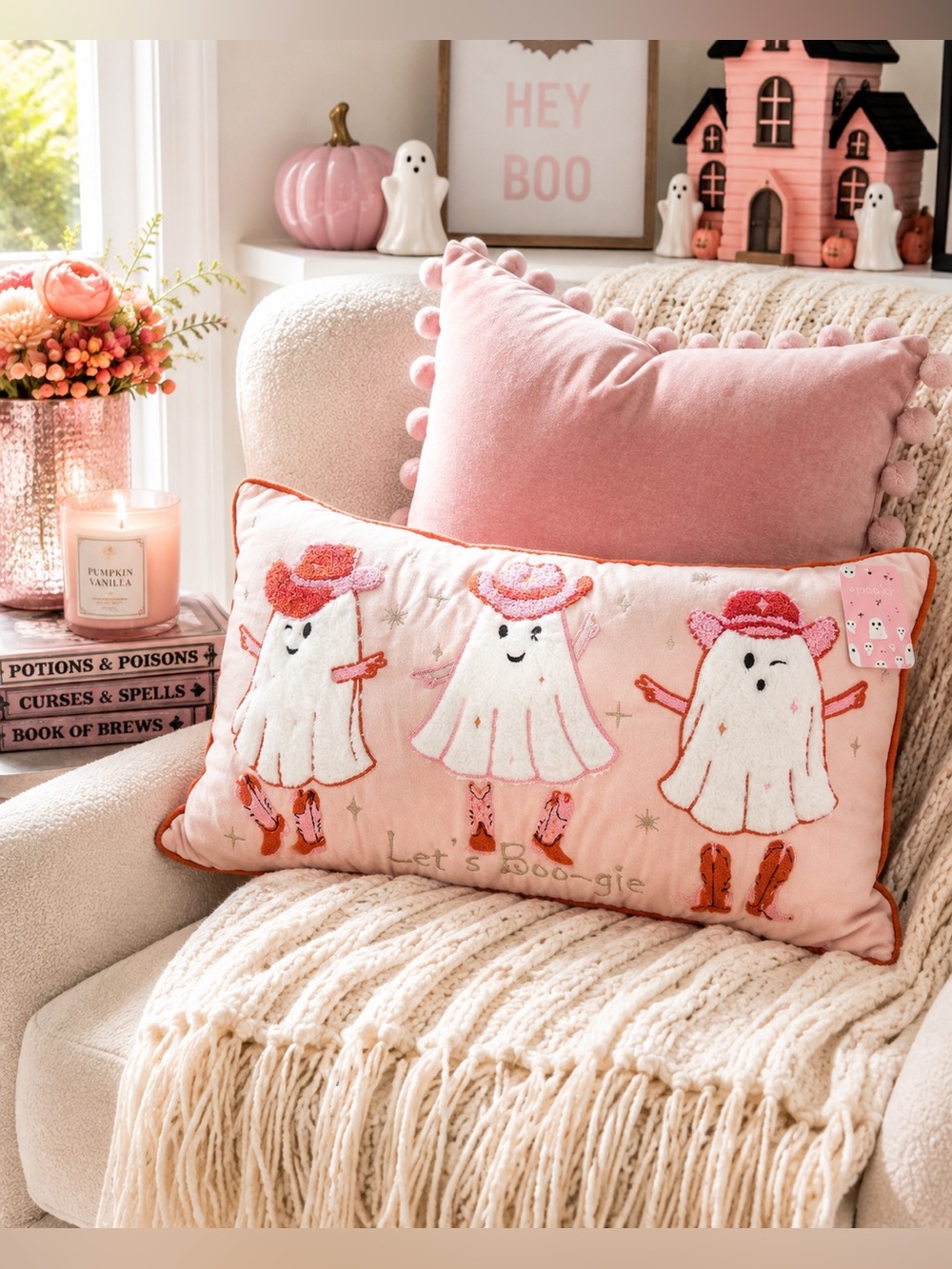 “Let’s Boo-gie” Pink Cowgirl Ghost Halloween Lumbar Pillow